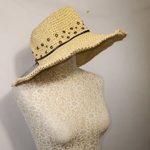 Chico's Crochet Open Weave Adjustable Wide Brim Boho Beach Hippie Summer Hat